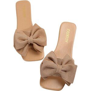 Women's Bow Tan Square Toe Flat Summer Sandals Slides Slip On Shoes